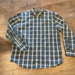 Izod Men’s Button Down Blue & Green Plaid Shirt Lg